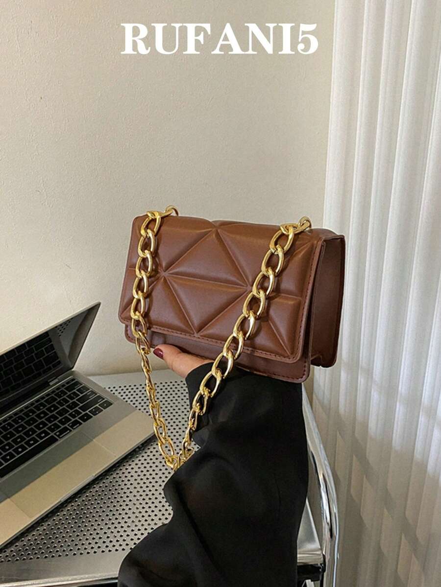 Bolsa cuadrada mini en relieve con cadena con solapa - Marrón - Ver 1