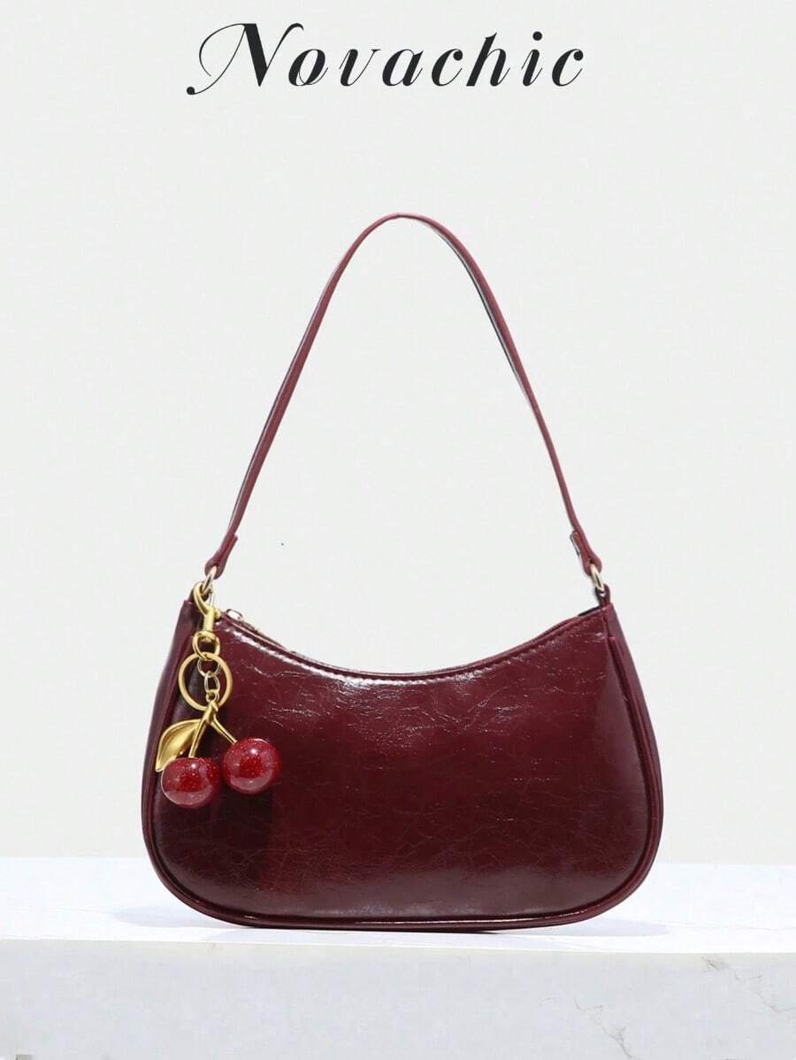 Women's Fall Outfits, Floral Patterned Fabric, Cute Pendant Decor, Cherry Pendant, Women's Minimalist One Shoulder Bag, Zipper Closure, Retro Style, Underarm Bag, Suitable For Multiple Occasions Glossy Leather,Shoulder Bags For Women,Handbags For Women,Cherry Keychain,Bag Charms,Black Purse,Carteras Para Mujer,Purses And Bags Women,Bolsos Para Mujer, Valentine's Day,Valentines,Carteras Para Mujer,New Year,    [Cherry Accessory Included Randomly] Please Do Not Purchase If You Mind.,Valentine's Day,New Year - Màu Đỏ Sâu - Xem 1