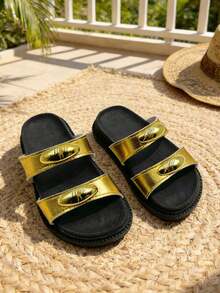 1 Pair 3-10 Years Old Girls' Black & Gold Metallic Buckle Sandals, Soft PU Non-Slip Thick Sole Open Toe Double Strap Flat, Fashionable Luxury Style, Summer Outdoor/Daily Wear - Gold - View 3