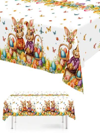 1pc, Easter Tablecloth, Cartoon Bunny Eggs & Wreath Pattern 130*220cm Disposable Plastic Easter Rectangle Tablecover, Easter Decorations For Picnic Home Kitchen Dining Easter Party Supplies, Spring Holiday Decor