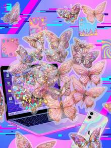 20pcs/Set Holographic Transparent Butterfly Stickers, Clear Edge Self-Adhesive Stickers, DIY Notebook Stickers Labels, Suitable For Bottles, Cards, Party Supplies - Multicolor - View 1