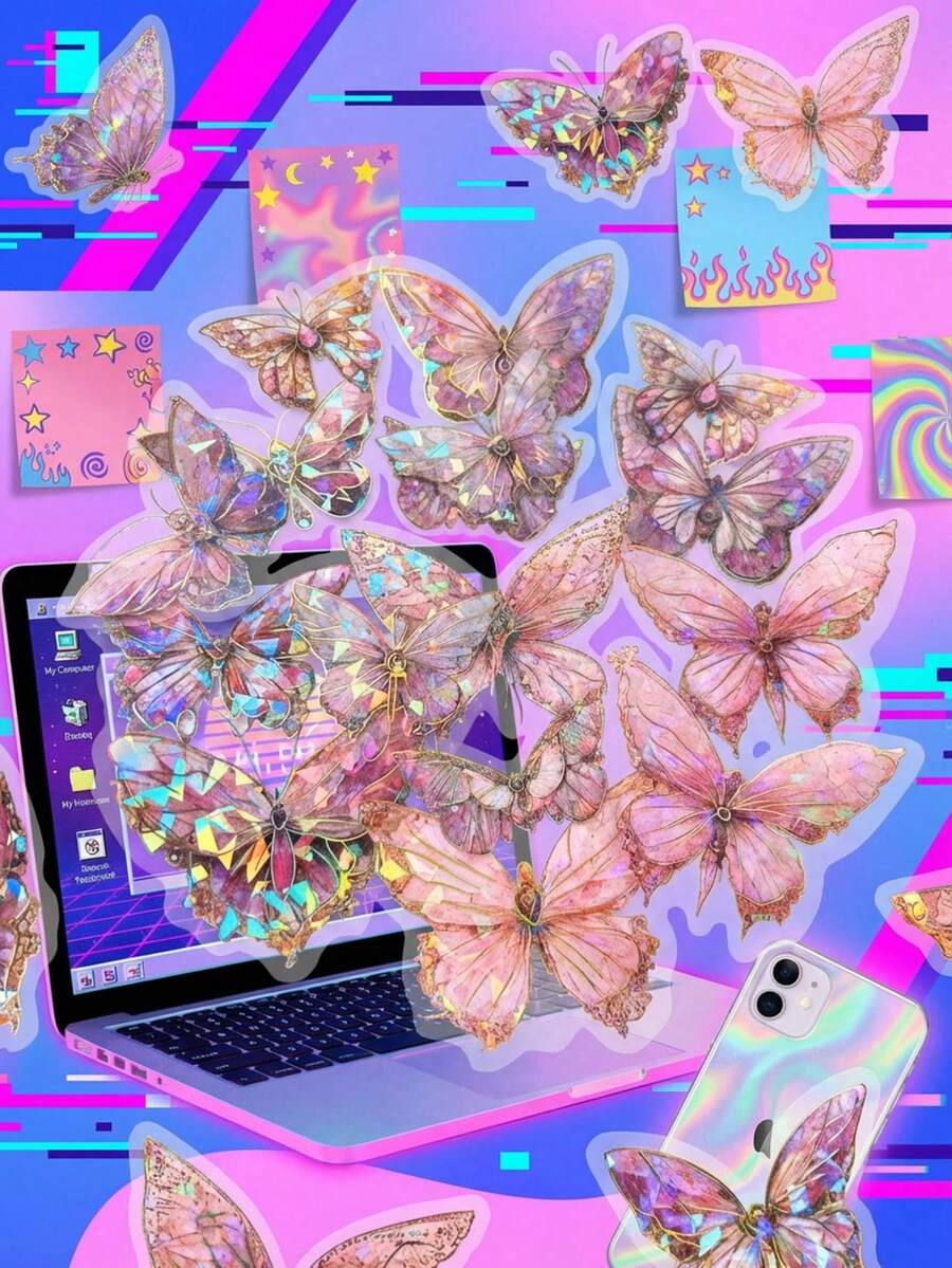 20pcs/Set Holographic Transparent Butterfly Stickers, Clear Edge Self-Adhesive Stickers, DIY Notebook Stickers Labels, Suitable For Bottles, Cards, Party Supplies - Multicolor - View 1