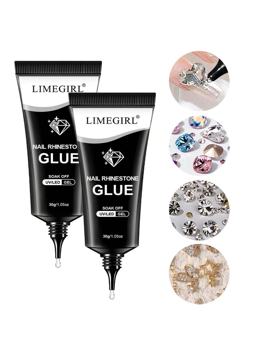 LIMEGIRL 美甲水钻胶：超强力凝胶美甲胶，适用于美甲饰品、宝石装饰、3D凝胶美甲闪亮宝石钻石，适用于美甲沙龙和DIY美甲，30毫升，需UV灯固化，美容礼品 - 2pcs - 查看 1