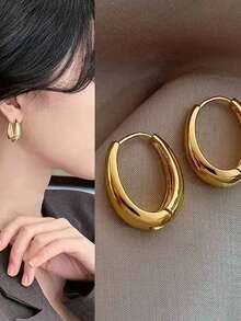 1pair Korean Fashionable & Minimalist Gold-Plated Small Peanut Shaped Earrings Suitable For Daily Wear, Parties, As A Gift For Valentine's Day,Mom,Mother,Mother's Day,Gift - Vàng (1 đôi) - Xem 5