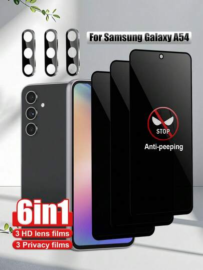 Set de 6 en 1: 3 piezas de protector de pantalla de vidrio templado con borde negro + 3 piezas de protector de lente de cámara, protege la privacidad, anti-arañazos, anti-huellas, compatible con Galaxy S21FE/S23FE/A54/A06/A15/A31/A34/S23/S24/S25/S26