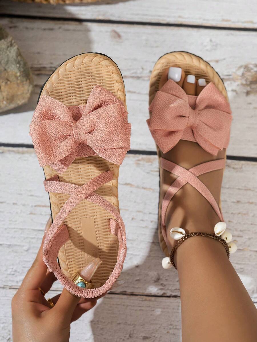 Sandali piatti minimalisti e comodi con fiocco incrociato, sandali da spiaggia con punta tonda e aperta, sandali classici in EVA slip-on - Rosa - Visualizzare 1
