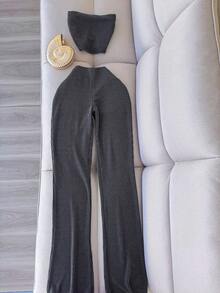 Bộ đồ mùa hè thanh lịch dành cho nữ gồm áo quây và quần skinny co giãn, thích hợp cho tiệc tùng và tập gym. - Màu xám đen - Xem 2