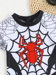 Áo tắm tay ngắn raglan in hình nhện cho bé trai, thích hợp cho mùa hè. - Đen và trắng - Xem 5