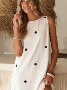 Women's Summer Mini Dress Sleeveless Crew Neck Fashion Dot Print Loose Fit Tank Dress - 米色 - 查看 1