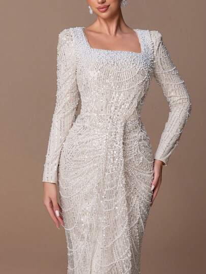 Faeriesty Este elegante vestido de noche de sirena de manga larga y cuello cuadrado, adornado con bordados de perlas y lentejuelas y un diseño de cintura con lazo en la espalda, es adecuado para ocasiones formales: perfecto para recepciones de bodas, eventos de alfombra roja, galas de etiqueta negra, ceremonias de premios y estrenos de ópera.