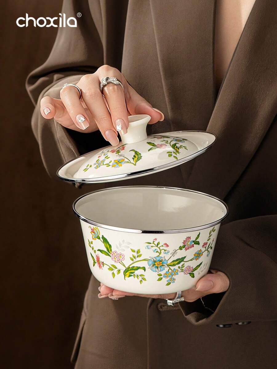 1 pieza Tazón de arroz con tapa con diseño esmaltado, tazón de sopa, tazón para fideos instantáneos, tazones esmaltados, material metálico resistente a los arañazos, apto para lavavajillas, artículos de cocina esenciales para cocinar en casa y comidas de camping - Cuenco esmaltado - Ver 1