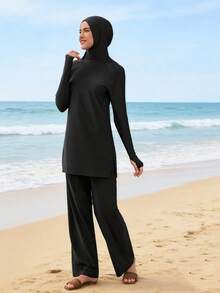 VFJ 3pcs Women High Elasticity Casual Conservative Rash Guard Long Sleeve Finger Hole Swimsuit Set, Includes High Waist Bottoms, Hooded Top, And Hat - Black - View 6