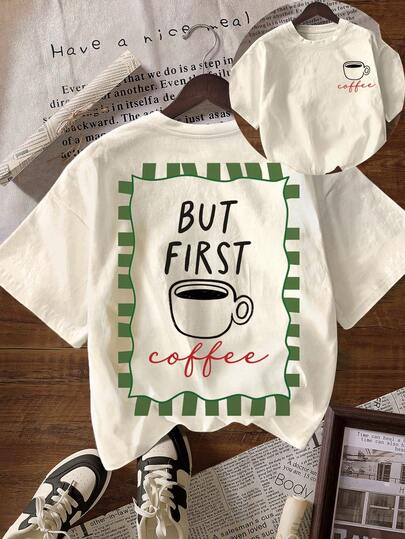 但首先是咖啡、新年、情人节、女士冬装、夏季、夏季上衣、大码女士休闲圆领短袖T恤