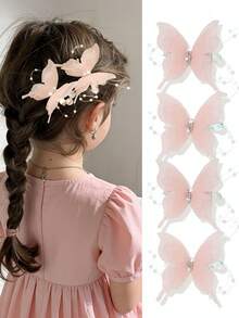 2pcs/Set Girls Coral Pink Rhinestone Mesh Butterfly Hair Clips, Mermaid Pearl Hair Accessories, Cute Side Bangs Clips, Everyday Use - Coral Pink - View 1