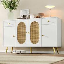Commode-buffet 140 cm (35x82 cm) blanc et teintes naturelles : 2 tiroirs, 4 portes et tablettes réglables pour salon ou cuisine - défaut - Voir 12