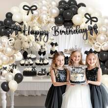 129件套黑白蝴蝶结主题气球拱门套装，包含黑色、白色、珍珠白和长款乳胶气球。非常适合生日派对、订婚派对、新娘送礼会、婚礼装饰、单身派对、毕业舞会装饰和蝴蝶结主题派对装饰。 - 彩色 - 查看 4