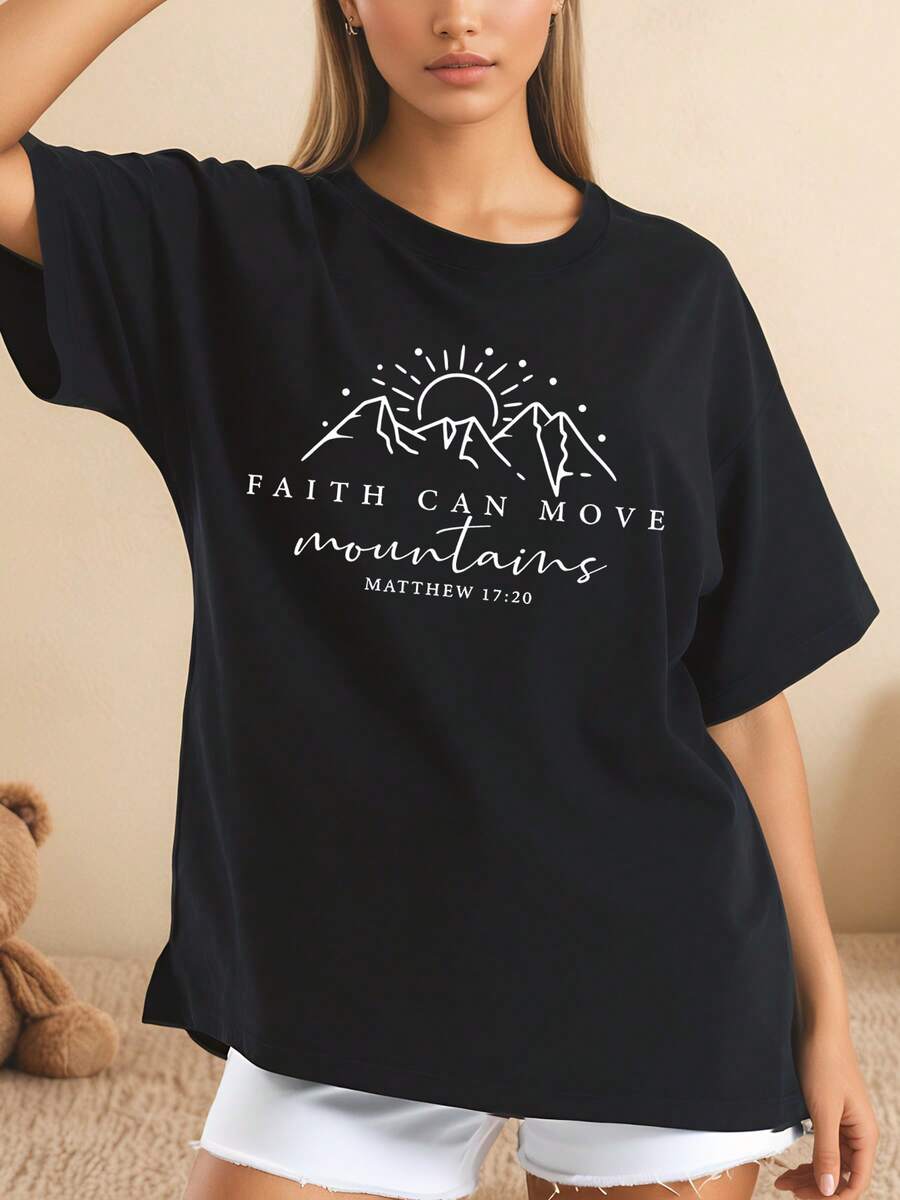 Camiseta de algodón con estampado de montañas y sol inspiración bíblica fe puede mover montañas Mateo 1720 corte holgado estilo casual para mujer diseño gráfico minimalista ideal para uso diario o actividades al aire libre 220g - Negro - Ver 1