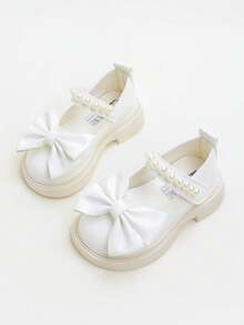 1 Pair New Minimalist Princess Style Pearl Bow Solid Color Flat Shoes For Kids, Suitable For Performance, All Seasons - Beige - View 1