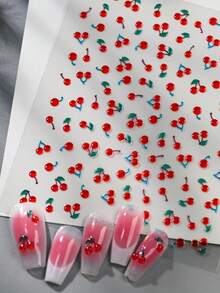 1张5D甜美红樱桃美甲贴纸 可爱果冻浮雕自粘美甲贴花装饰设计 卡哇伊美甲用品 - 紅色 - 查看 7