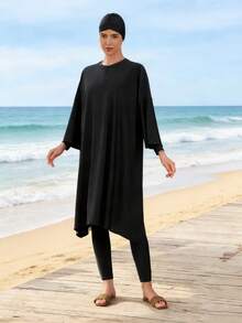 女士休闲全包臀布基尼泳衣，圆领设计，带拉链和高腰下装，弹力面料 - 黑色 - 查看 6