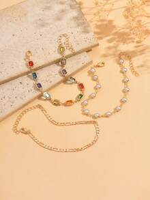 3pcs/Set Summer Fashion Multi-Layer Stackable Gold Anklets, Charming Women's Beach Party Style Shiny Colorful Rhinestone & Faux Pearl Anklets, Suitable For Daily Wear And Seaside Vacation Travel, Handmade Chain Cut To Length, Rhinestone Color And Faux Pearl Count Random - Multicolor - View 3