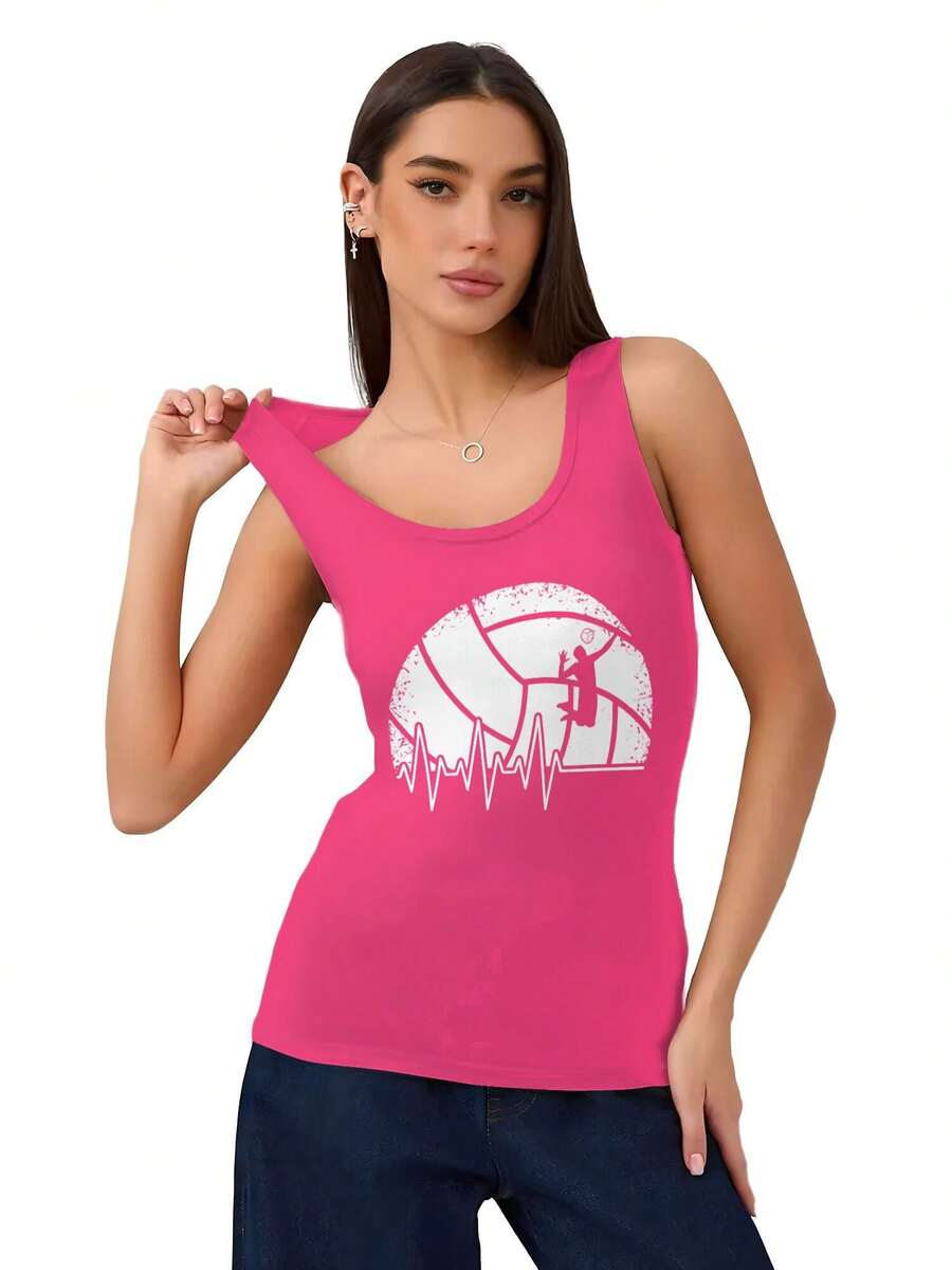 Women's Tank Top T-Shirt, A Fun Volleyball Heartbeat Volleyball Player Set Soft And Comfortable, Suitable For Daily Use, Home Life, Fitness And Sports Activities. - Hồng - Xem 1