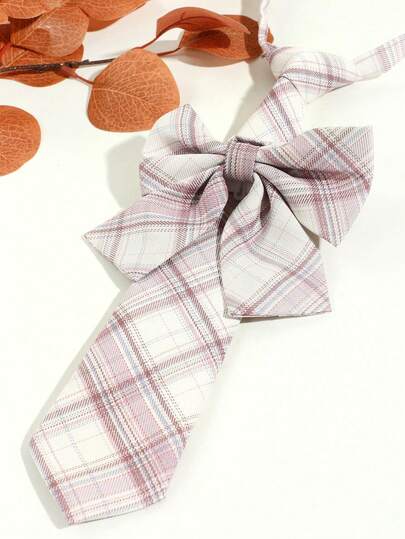 2件套女士百搭条纹格纹领带和领结套装，适合日常穿着、约会、学校JK搭配