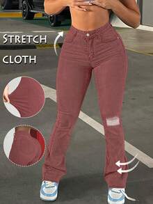 GILIPUR Y2K Women High Waist Flare Jeans, European And American Street Style Rhinestone Red Denim Skinny Pants, Stretchy, Elegant & Fashionable, Casual Versatile Bottoms - Pink - View 2