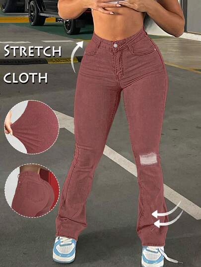 GILIPUR Y2K Women High Waist Flare Jeans, European And American Street Style Rhinestone Red Denim Skinny Pants, Stretchy, Elegant & Fashionable, Casual Versatile Bottoms