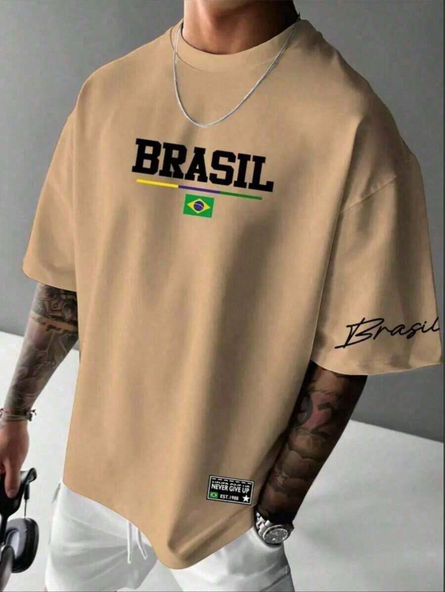 Men's Streetwear T-Shirt With Brazil Print, Cotton - Caqui - Ver 1