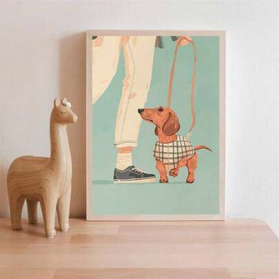 1pc Frameless Funny Dachshund Dog With Fashion Glasses Wall Art Canvas Print For Room Decor, Dorm Essentials, Birthday Gift And Party Decoration, Vintage Whimsical Bedroom Decor, Aesthetic Room Decor, Prints For Wall, College Dorm Room Essentials, Home Decoration, Pet Lover Gift, Unique Wall Decor Idea, Simple Animal Art.