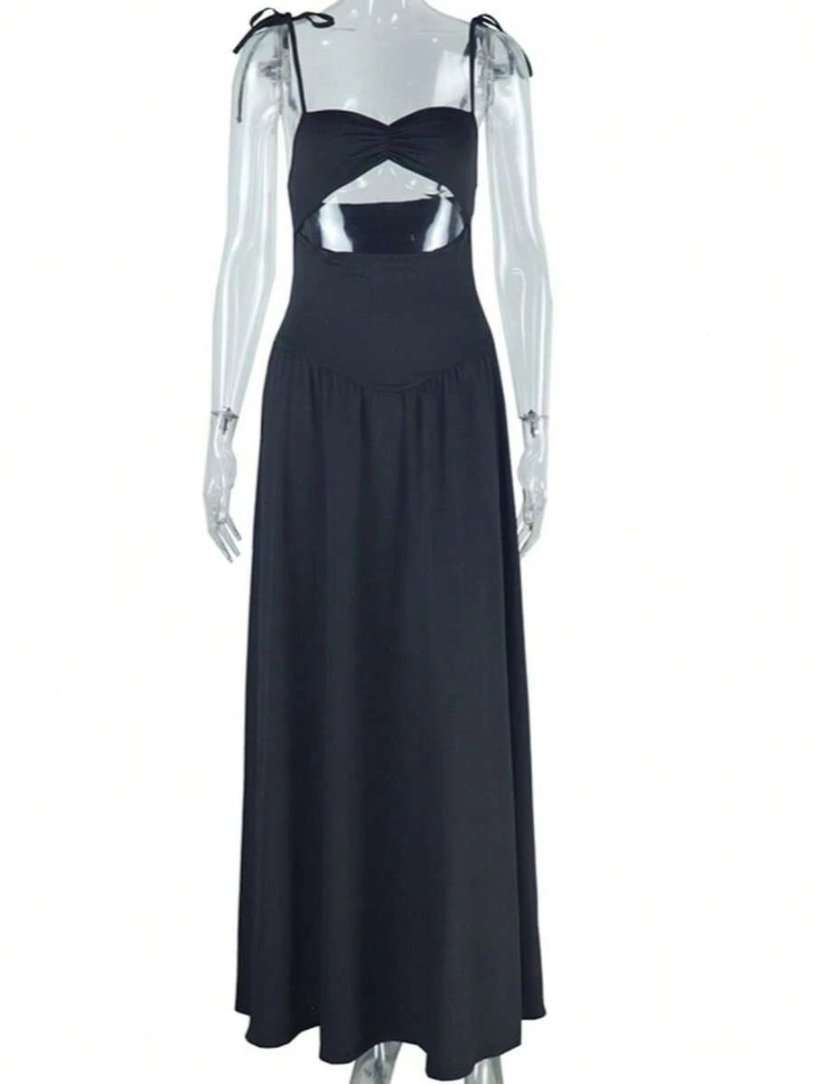 High-End Stylish Solid Color Dress With Spaghetti Straps, Off-Shoulder Design, Sleeveless, And A Large Skirt - 黑色 - 查看 1