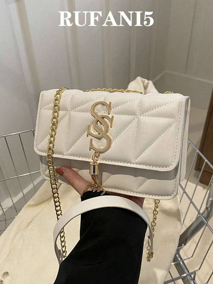 时尚纯色菱形图案翻盖小方包 时尚PU链条斜挎包 女士时尚流苏装饰迷你单肩包钱包,适合购物 - 白色 - 查看 1