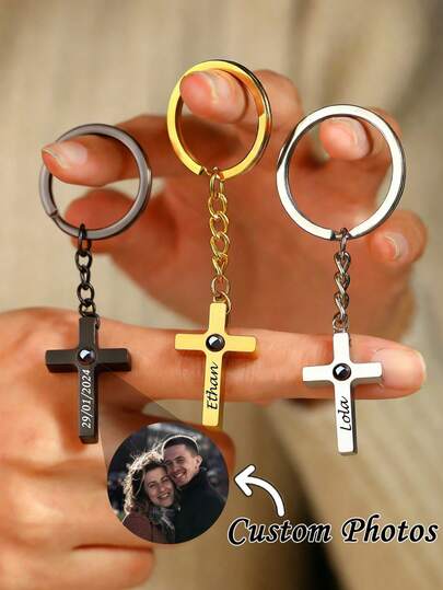 Customizable Photo Engraved Cross Keychain | Personalized Text/Date/Name Metal Keychain | Multi-Color Black/Gold/White Options | Sentimental Memorial Jewelry | Ideal Gift For Family, Pet Lovers, Friends | Perfect For Everyday Use And Special Occasions