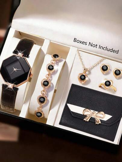 7PCS Simple And Elegant Women's Quartz Watch Set, Sweet And Graceful Ladies' Black Diamond Heart Accessories Set (Including Rose Gold Octagonal Watch Case With Black Dial, Black Leather Strap Quartz Watch, Heart Bracelet, Heart Pendant Necklace
