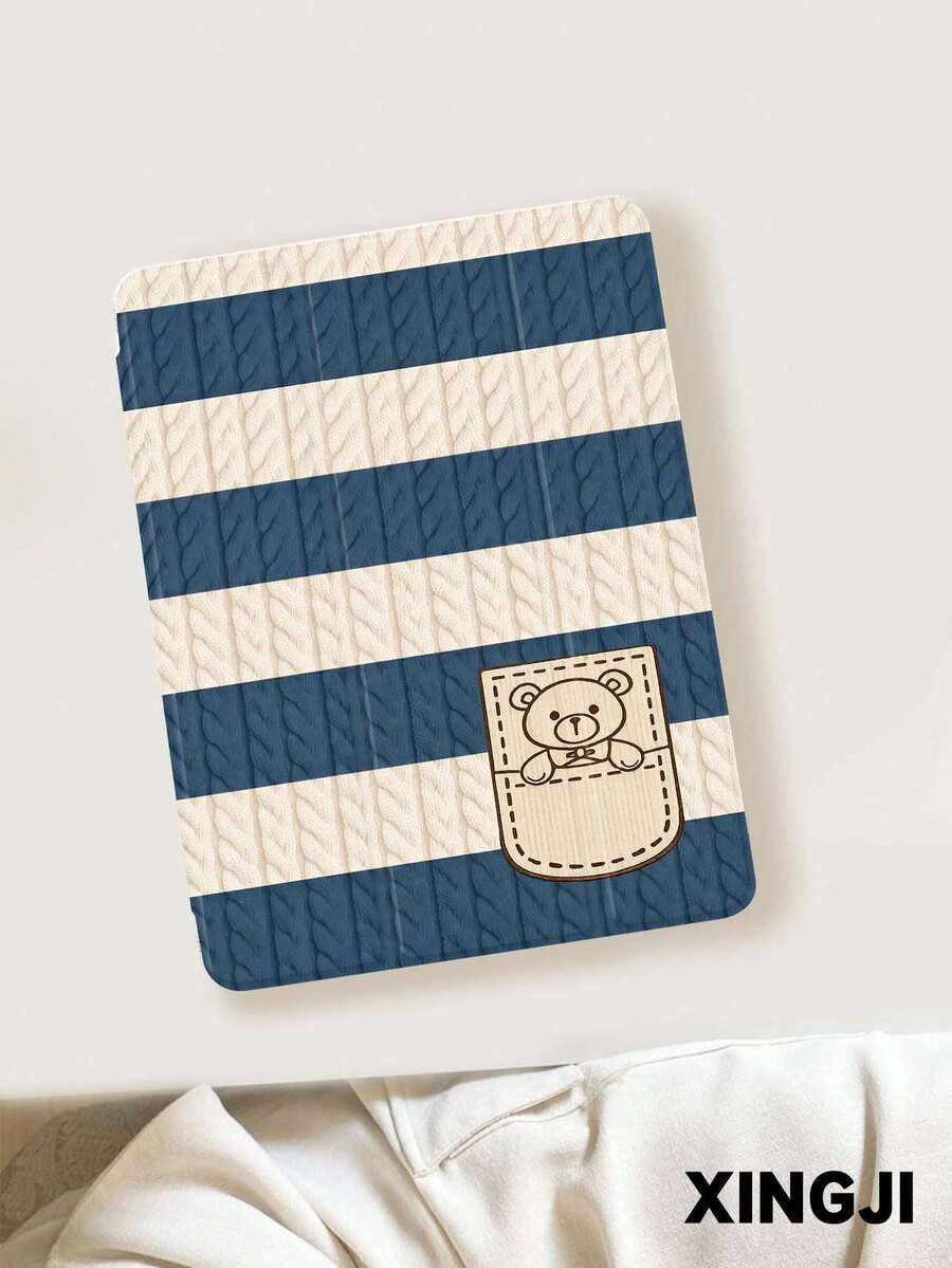 1pc Blue & White Striped Teddy Bear Design Tablet Protective Case, Compatible With 10.2" 10th/ (A16) 11" 11th 2025, Pro 11" 2021/2020, Galaxy Tab A8 10.5" 2022, Matepad 10.4/Tab, , With Pencil Slot, Anti-Drop, Tablet Stand, Auto Sleep/Wake - Multicolor - View 1