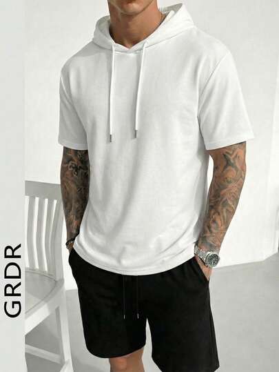 Men's Casual Solid Color Hooded Short Sleeve T-Shirt And Shorts Set