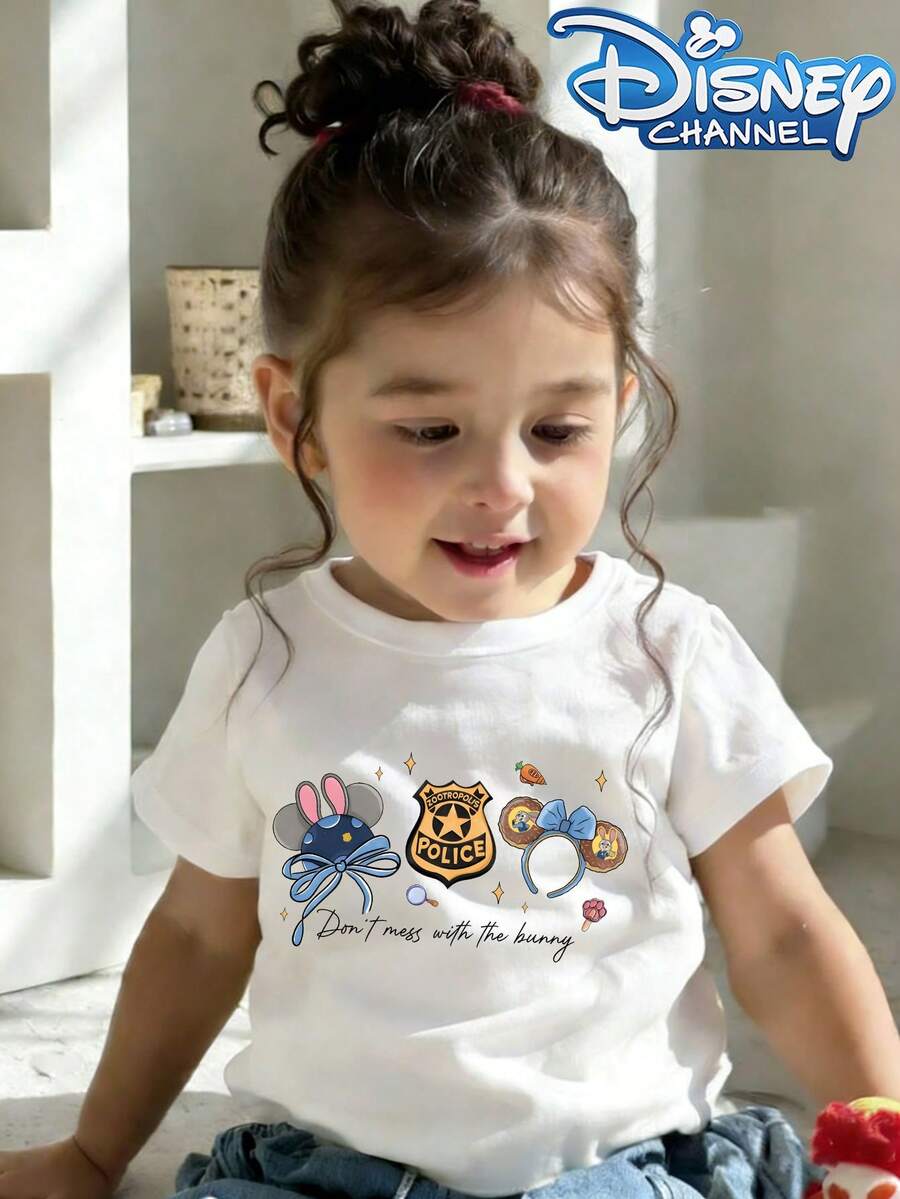 This Disney Zootopia T-Shirt Features A "Don't Mess With The Bunny Cop" Design, A Casual And Simple Crew Neck Short-Sleeved Tee, Designed For Both Baby Boys And Girls, Making It Ideal For Summer Wear. - White - View 1