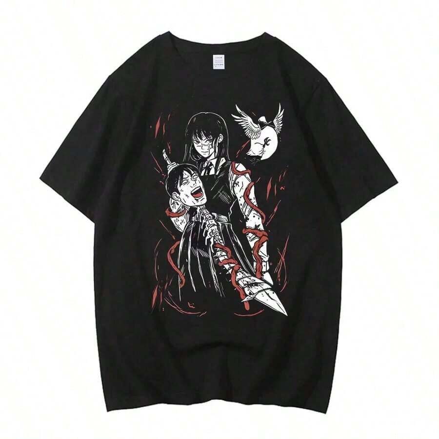 High-Quality Cotton T-Shirt For Teenagers, Colorful Aesthetic, Digital Korean Clothing, Gothic, 2000s Anime Aesthetic - Black - View 1