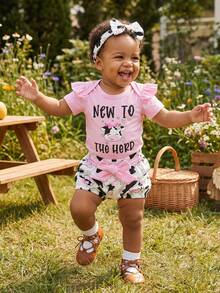 Western Baby Girl Clothes Cowgirl Summer Clothes Letter Boots Cow Print Crew Neck Short Sleeve Romper Shorts And Bow Headband 3 Pcs Set - 粉紅色乳牛 - 查看 2