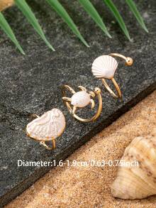 Set de 3 anillos con diseño de caparazón de tortuga estilo océano, adecuados para vacaciones de verano, se pueden apilar, combinan con bikini y otros accesorios de playa - Multicolor - Ver 3