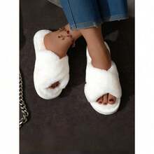 Fashionable Women's Cross Tied Fluffy Slippers, Soft And Warm Fur Home Shoes, Open Toed, Comfortable For Outdoor Wear, Breathable - trắng - Xem 6