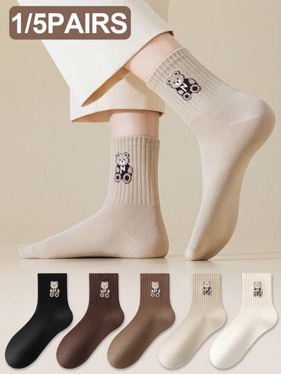 1/5 pares de calcetines cortos casuales, versátiles, transpirables y absorbentes para mujeres con diseño de letras y osos de Maillard