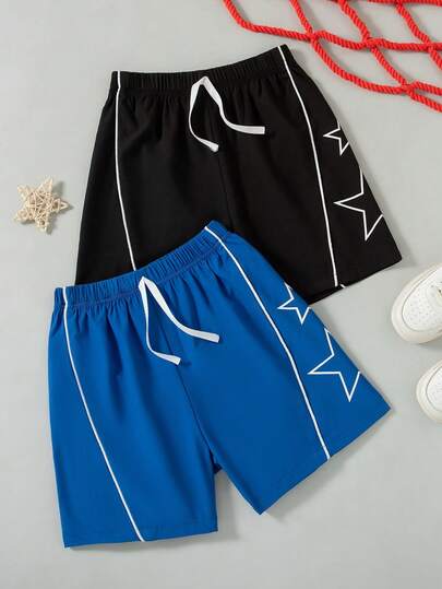 2pcs/Set Boys' Casual Outdoor Fashion Star Print Decorative Faux Drawstring Shorts, Spring/Summer