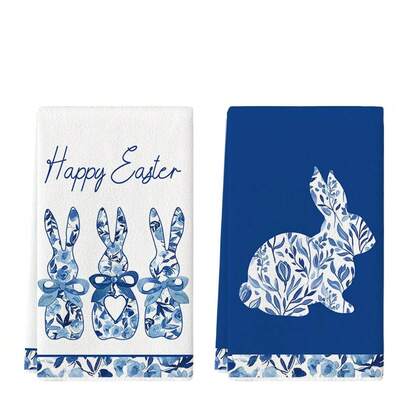 2pcs Blue And White Porcelain Bow Bunny Kitchen Towels, 16 X 24 Inches, Cleaning Cloths, Washable And Reusable, Dish Towels, Birthday Gift, Housewarming Gift For Friends, Kitchen Accessories, Household Necessities, Suitable For Cooking, Baking, Bathroom Cleaning, Outdoor Activities And Tea Party Decoration. Exquisite Design Enhances Home Decor