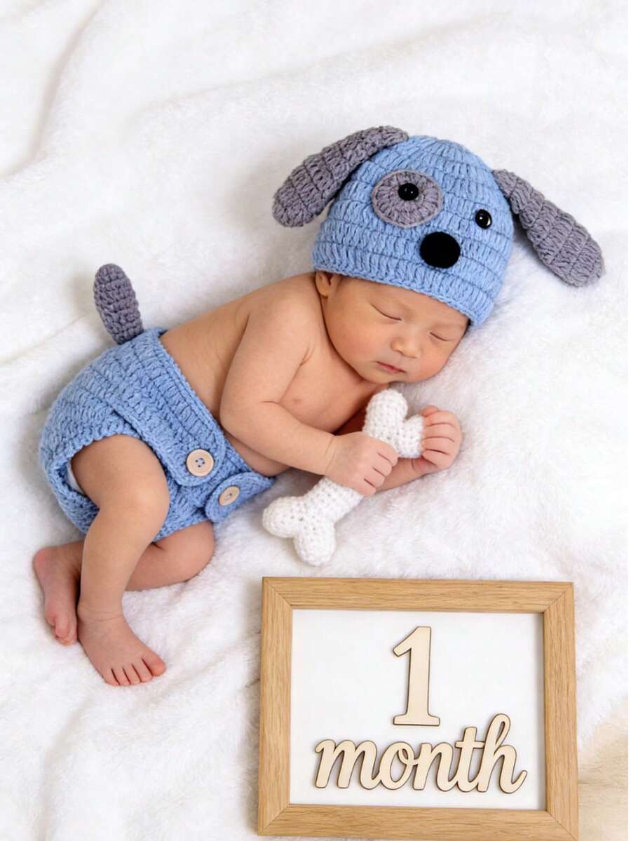 3pcs Blue Puppy Handmade Knitted Newborn Baby Photography Prop Outfit - Blue - View 1