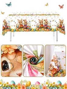 1pc Easter Plastic Tablecloth, 220*130cm Colorful Easter Bunny Eggs Flower Basket Disposable Table Cloth, Flower Butterfly Design Rectangle Table Cover, Easter Home Kitchen Dining Table Decoration, Easter Party Supplies, Easter Decorations - Multicolor - View 10