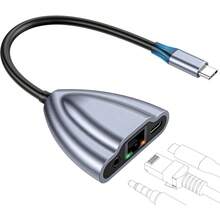 Adaptador USB C a Ethernet con carga 1 Gbps 3 en 1 USB-C Hub Ethernet con conector de audio de 3 5 mm y USB C 2.0 hasta 480 Mbps adaptador Gigabit RJ45 a USB C Ethernet para computadora - gris - Ver 9