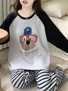 两件套女士睡衣套装，狗狗印花睡衣，韩式休闲风格，插肩袖设计，条纹裤可户外穿着，居家外出新款配套套装（图案随机） - 黑色 - 查看 3