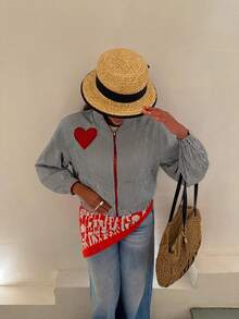 Chaqueta de mujer de estilo casual y de vacaciones, con rayas azules, parche con forma de corazón y contraste de color, para primavera y otoño, color negro - Negro - Ver 6